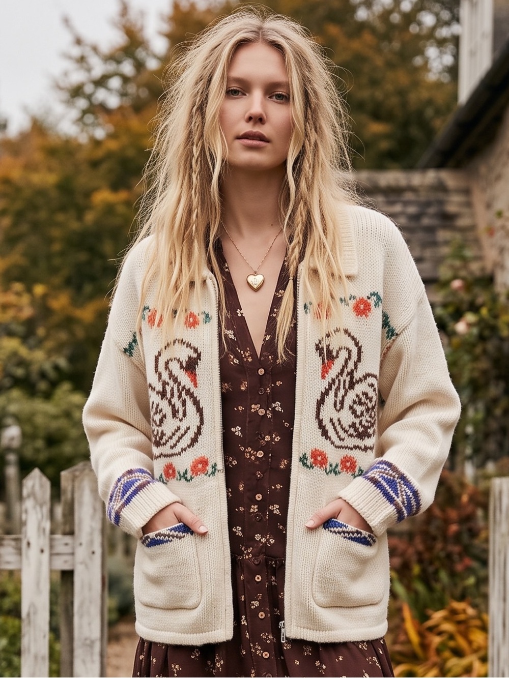 Anthropologie OBEY Whimsical Swans Zip Up Cardigan Sweater Medium